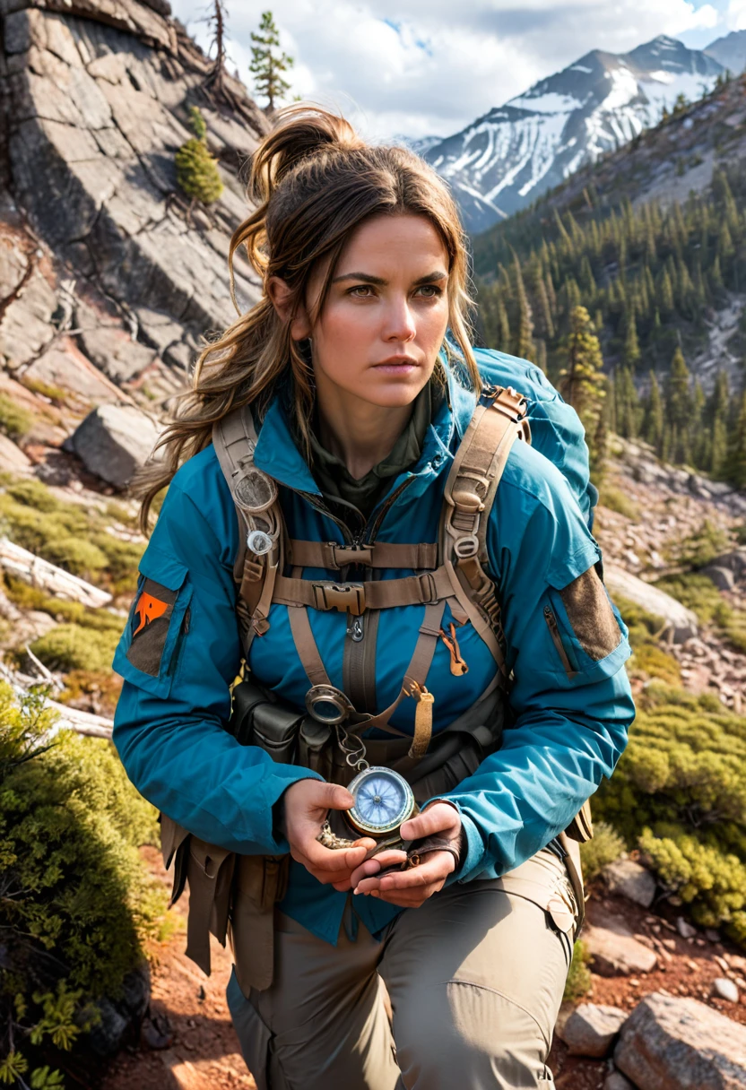 In the desolate wilderness, a female warrior dressed in survival gear and holding a compass is learning how to survive in extreme environments. She utilizes natural resources, builds shelters, and seeks food and water sources, (masterpiece, best quality, Professional, perfect composition, very aesthetic, absurdres, ultra-detailed, intricate details:1.3)