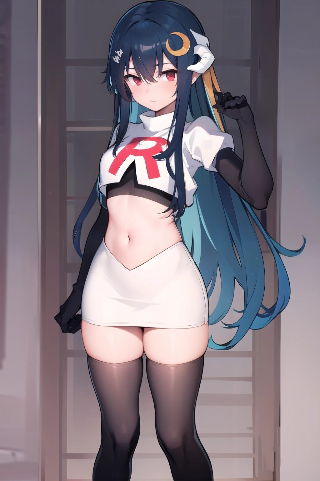 vienna (vtuber), 1girl, bangs, black hair, blue hair, crescent, crescent hair ornament, crossed bangs, dragon girl, dragon horns, gradient hair, hair between eyes, hair ornament, horns, long hair, looking at viewer, multicolored hair, red eyes, solo, standing, very long hair, team rocket,team rocket uniform,white skirt,red letter R,crop top,black thigh-highs,black elbow gloves
