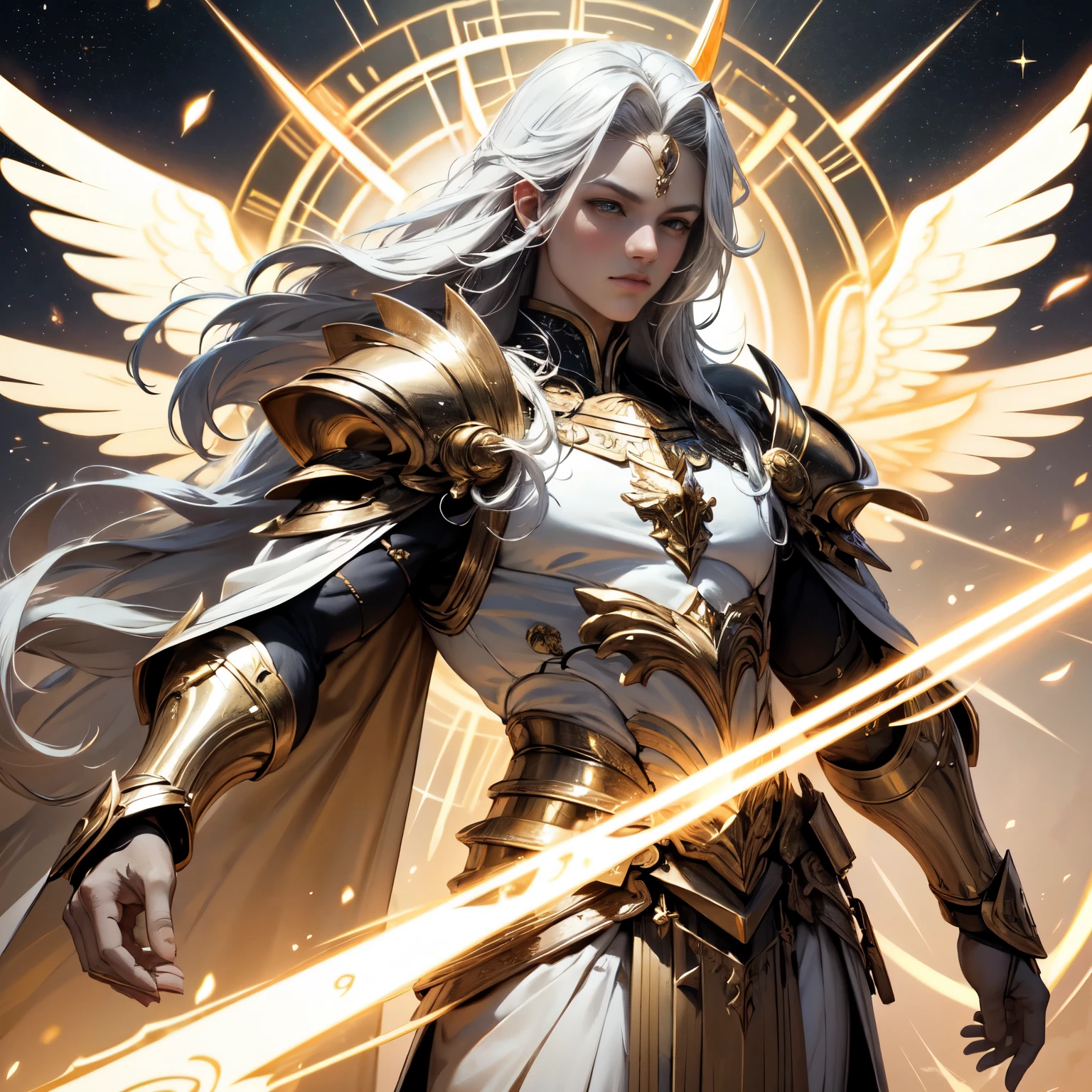 Create an 8K ultra HD digital image of a noble mystical Seraphin warrior. Ele possui asas majestosas e resplandecentes, cabelo prateado e olhos brilhantes como estrelas. Dressed in celestial armor decorated with arcane symbols and gold and silver accents, ele empunha a Espada de Zeus. Zeus' sword is made of celestial gold and emits golden rays, with divine inscriptions along the blade that shine brightly. The hilt of the sword is adorned with small rays and lightning., simbolizando seu poder supremo. Electric sparks dance around the warrior, highlighting his dominance over the heavens. The weapons hall is impressive, with rows of armor and weapons arranged on display. Escudos, swords and spears from various eras are arranged along the walls. Tapestries depicting glorious battles adorn the space, and oil lamps illuminate the scene with a soft light. The image must capture the grandeur and tradition of the weapons hall, highlighting the noble mystical warrior Seraphin and the Sword of Zeus.