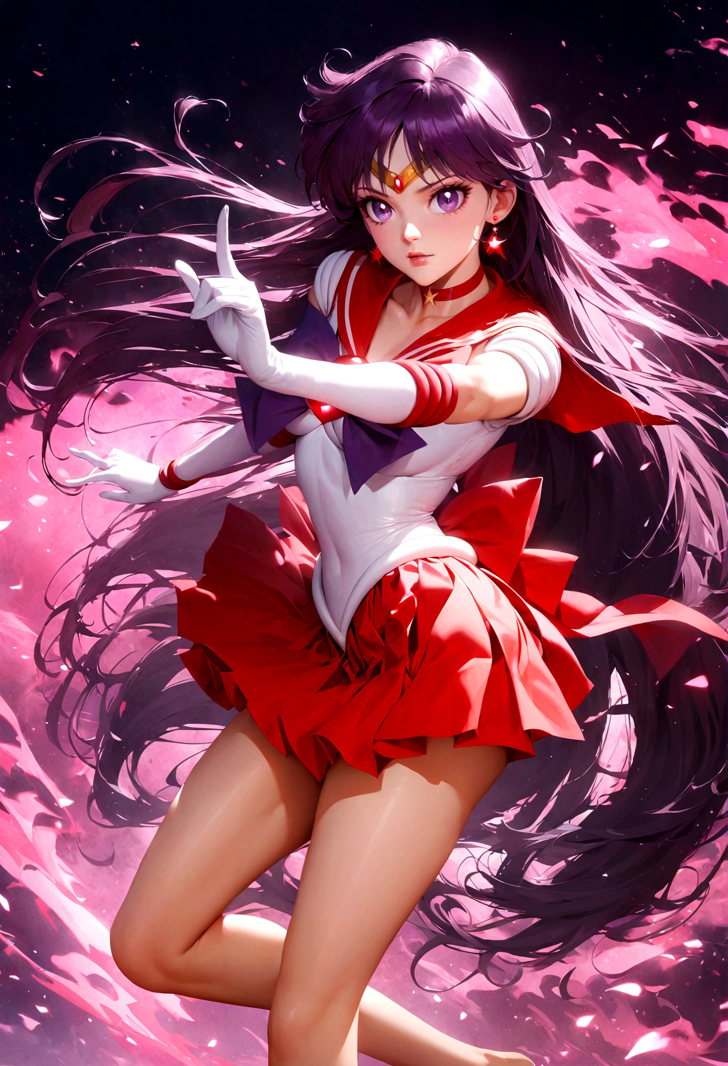 1girl, sailor mars, bishoujo senshi sailor moon, elegant detailed eyes, detailed facial features, long eyelashes, beautiful detailed lips, elegant detailed pose, highly detailed, masterpiece, 4k, hyper realistic, photorealistic, cinematic lighting, dynamic composition, intricate details, vibrant colors, soft dreamy atmosphere, magical girl fantasy, full body shot, aamars, long hair, black hair, tiara, earrings, red choker, red sailor collar, purple bowtie, white shirt, elbow gloves, white gloves, pleated skirt, red skirt, bare legs