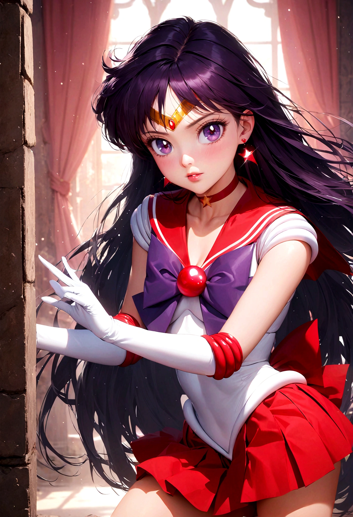 1girl, sailor mars, bishoujo senshi sailor moon, elegant detailed eyes, detailed facial features, long eyelashes, beautiful detailed lips, elegant detailed pose, highly detailed, masterpiece, 4k, hyper realistic, photorealistic, cinematic lighting, dynamic composition, intricate details, vibrant colors, soft dreamy atmosphere, magical girl fantasy, full body shot, aamars, long hair, black hair, tiara, earrings, red choker, red sailor collar, purple bowtie, white shirt, elbow gloves, white gloves, pleated skirt, red skirt, bare legs