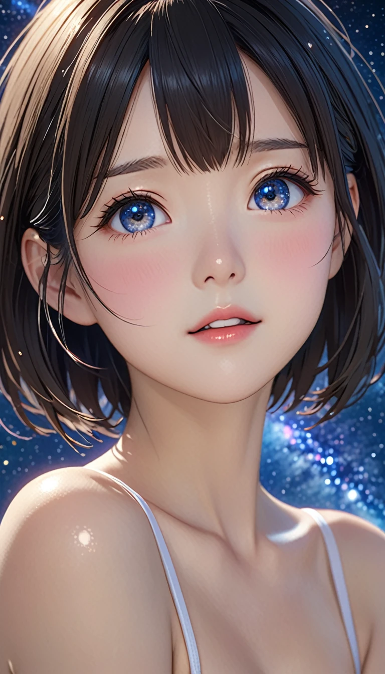 National Science Foundation,masterpiece,High resolution,8K,Art,digit,Three-dimensional,Realism,Kyoto Animation Style,your name movie style,cute,Facing the camera,universe,Milky Way,Planet,(1 female: 1.3),(alone: 1.4),Upper body nudity,Long eyelashes,Long thin legs,Short Bob,Close-up of upper body,Close-up,close view,Starry Sky,Starry Sky般深邃的眼睛,Blushed,shy,shy,open mouth