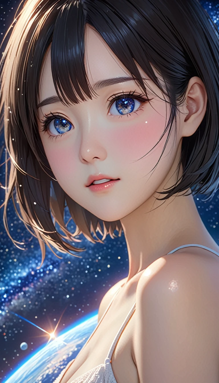 National Science Foundation,masterpiece,High resolution,8K,Art,digit,Three-dimensional,Realism,Kyoto Animation Style,your name movie style,cute,Facing the camera,universe,Milky Way,Planet,(1 female: 1.3),(alone: 1.4),Upper body nudity,Long eyelashes,Long thin legs,Short Bob,Close-up of upper body,Close-up,close view,Starry Sky,Starry Sky般深邃的眼睛,Blushed,shy,shy,open mouth