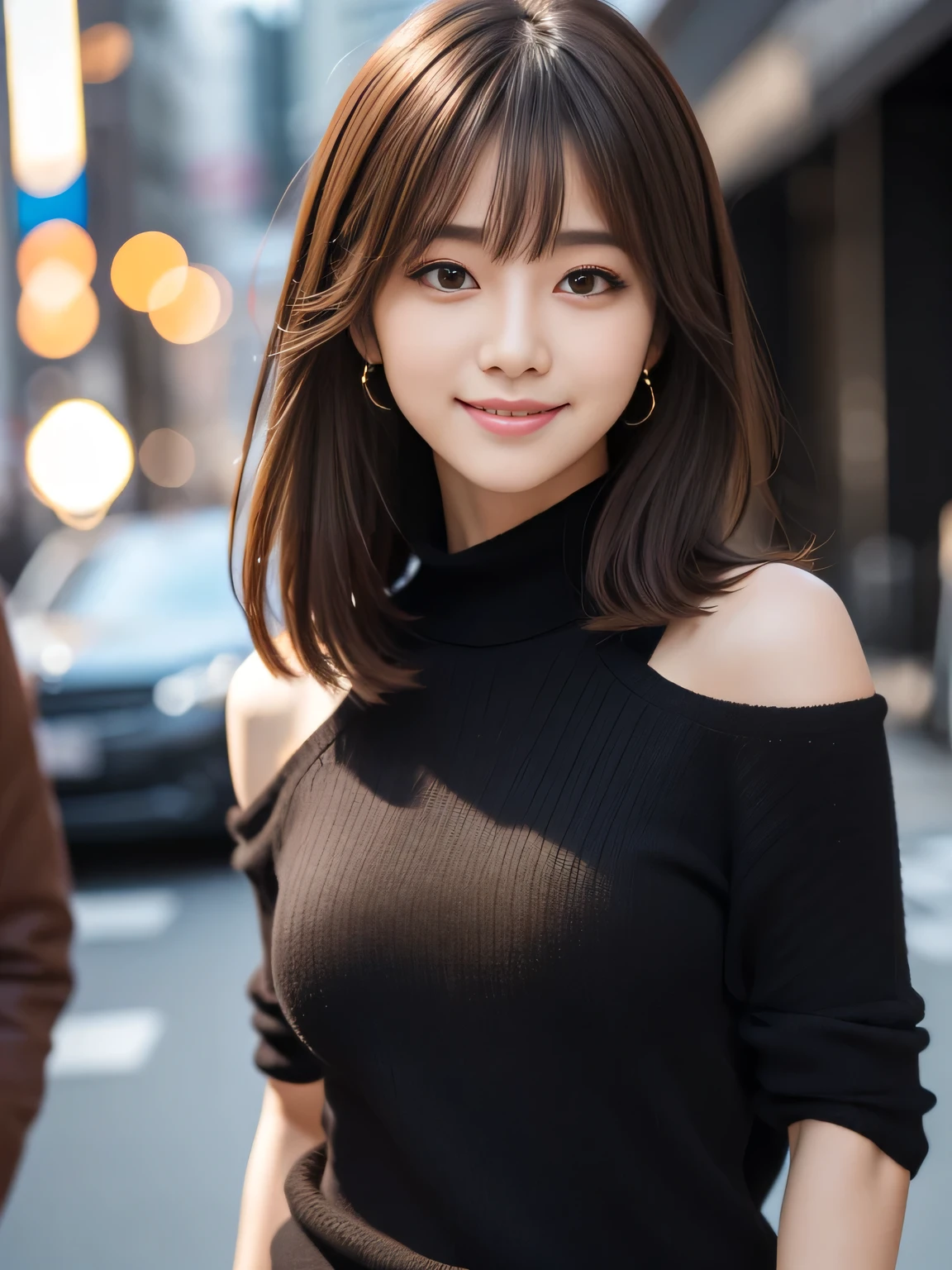 Ultra High Definition, Superior Quality, Premier Quality, ultra detailed, Photorealistic, 8k, RAW Photos, highest quality, masterpiece, Attractive girl, Stunning girl, Impish Smile, Brown Hair, Shoulder Length Layered, asymmetrical bangs, K-pop Idol, Sophisticated girl, Black knit, Shibuya,