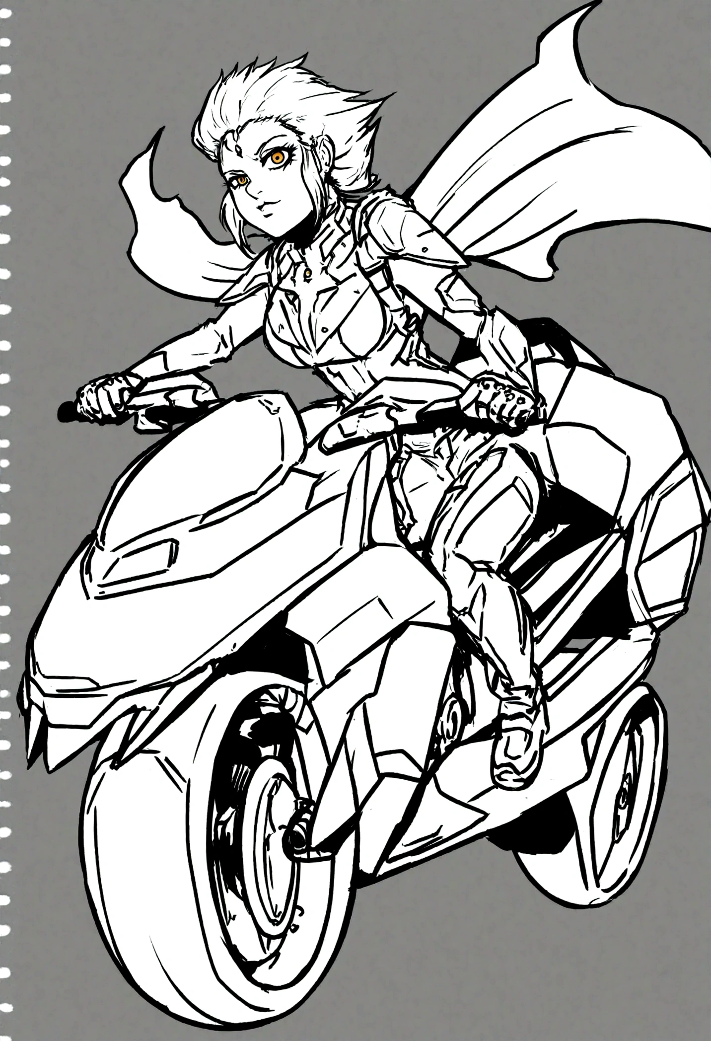 FRONT VIEW OF FIVE BIKERS RIDING FUTURISTIC MOTORCYCLES, ESTILO COMICS, VETOR, LINEART, CONTORNO EM TINTA PRETA