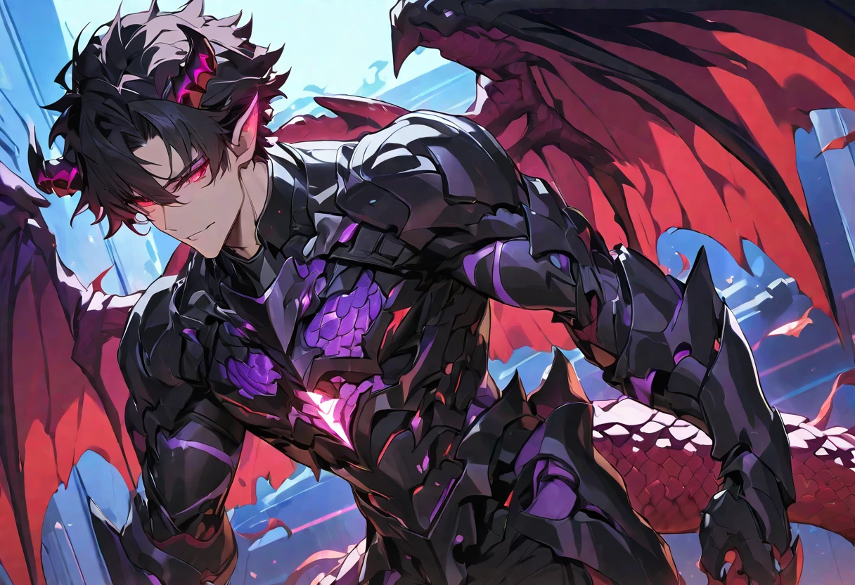 Best quality, One, beautiful, 1 man, adult man, with a sporty body, V-shaped body, black detailed armor with glowing purple details, black demonic horns, with large and long dragon wings, short hair, black hair, purple with red tones reptile eyes, purple threads, black light