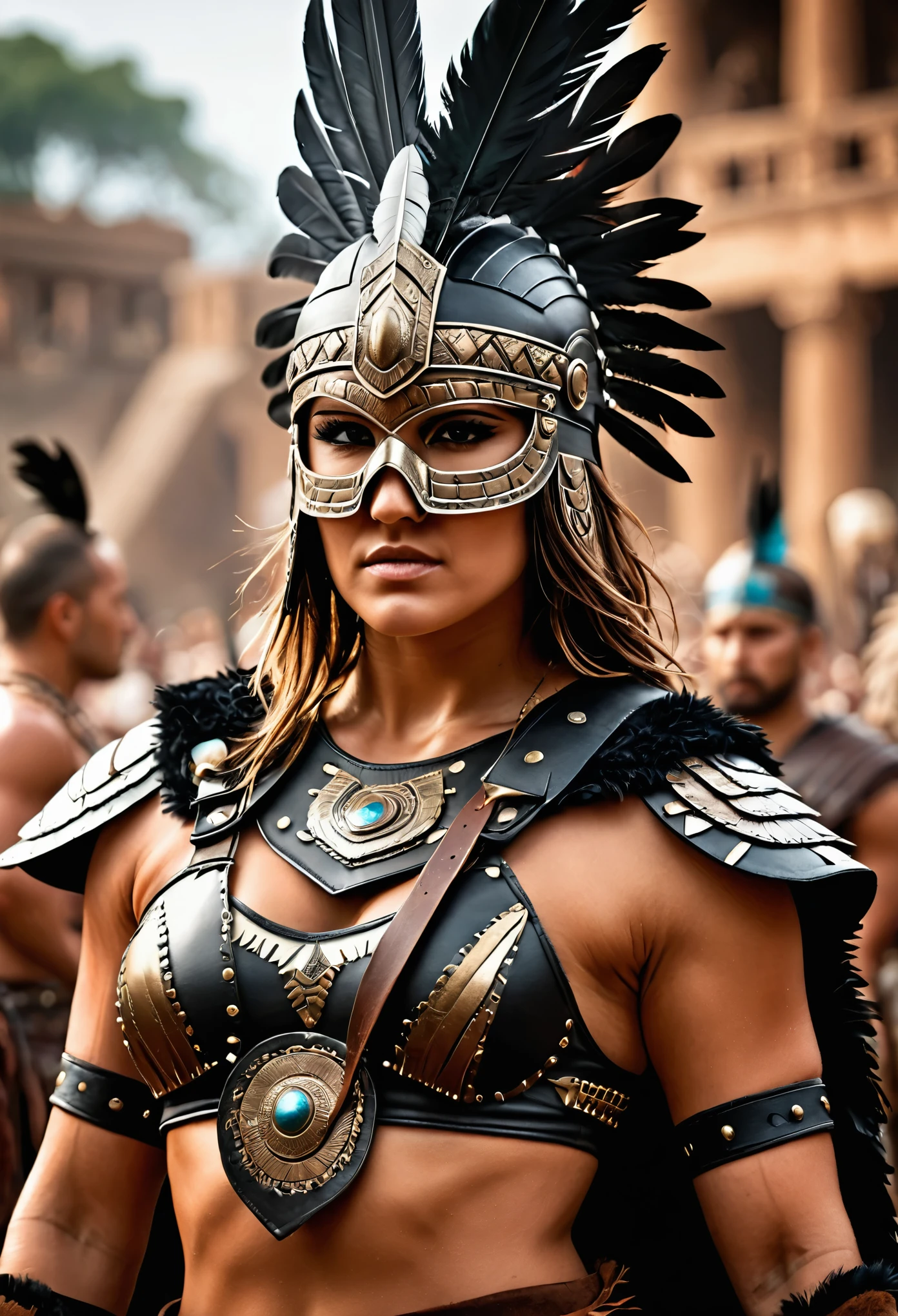 close up, photorealistic, (masterpiece:1.3), (best quality:1.3), beautiful, (intricate details), unity 8k wallpaper, ultra detailed, beautiful, aesthetic, perfect lighting, crowd around WestGark, very strong woman, (muscular:1.2), wearing leather plastron armor, wearing animal mask with feathers, wearing toga, hunting,  (aztec temple background:1.0),  (perfect hands:1.2),,