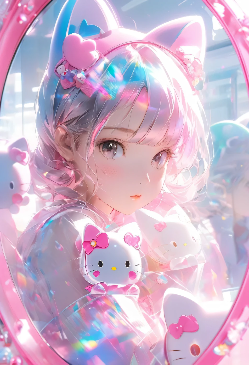 cute cat girl Hello Kitty, double exposure, mirror effect, raw:1.2,