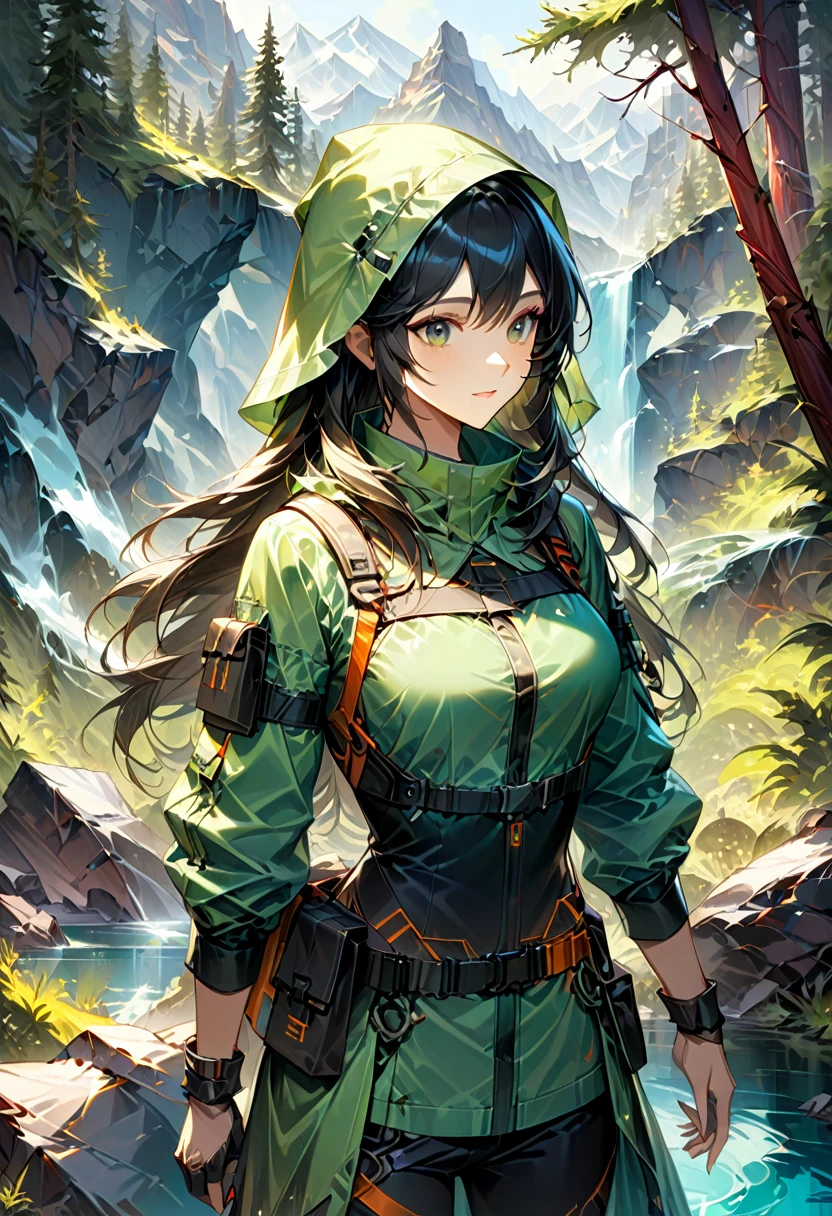 In the desolate wilderness, a female warrior dressed in survival gear and holding a compass is learning how to survive in extreme environments. She utilizes natural resources, builds shelters, and seeks food and water sources, (masterpiece, best quality, Professional, perfect composition, very aesthetic, absurdres, ultra-detailed, intricate details:1.3)