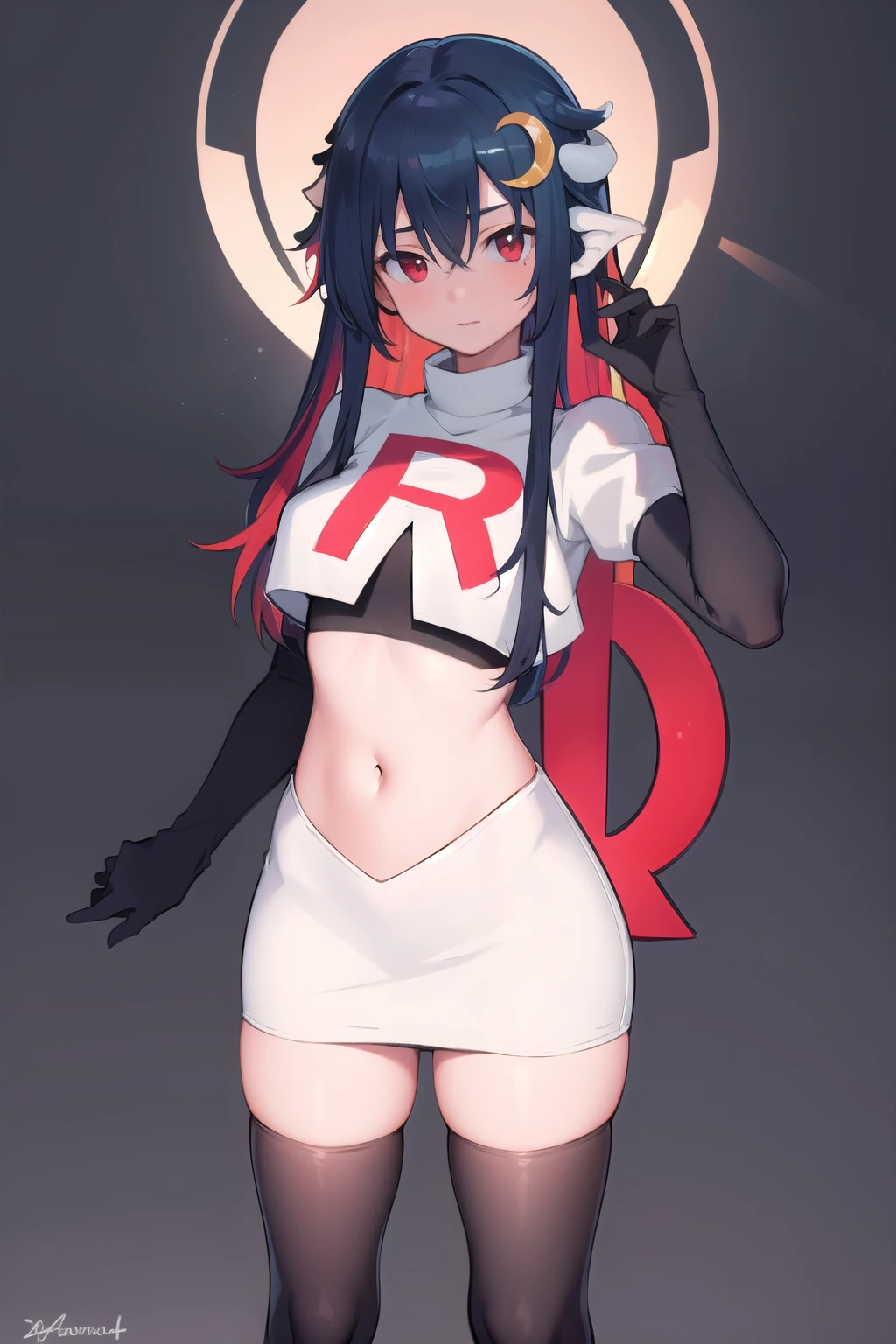 vienna (vtuber), 1girl, bangs, black hair, blue hair, crescent, crescent hair ornament, crossed bangs, dragon girl, dragon horns, gradient hair, hair between eyes, hair ornament, horns, long hair, looking at viewer, multicolored hair, red eyes, solo, standing, very long hair, team rocket,team rocket uniform,white skirt,red letter R,crop top,black thigh-highs,black elbow gloves
