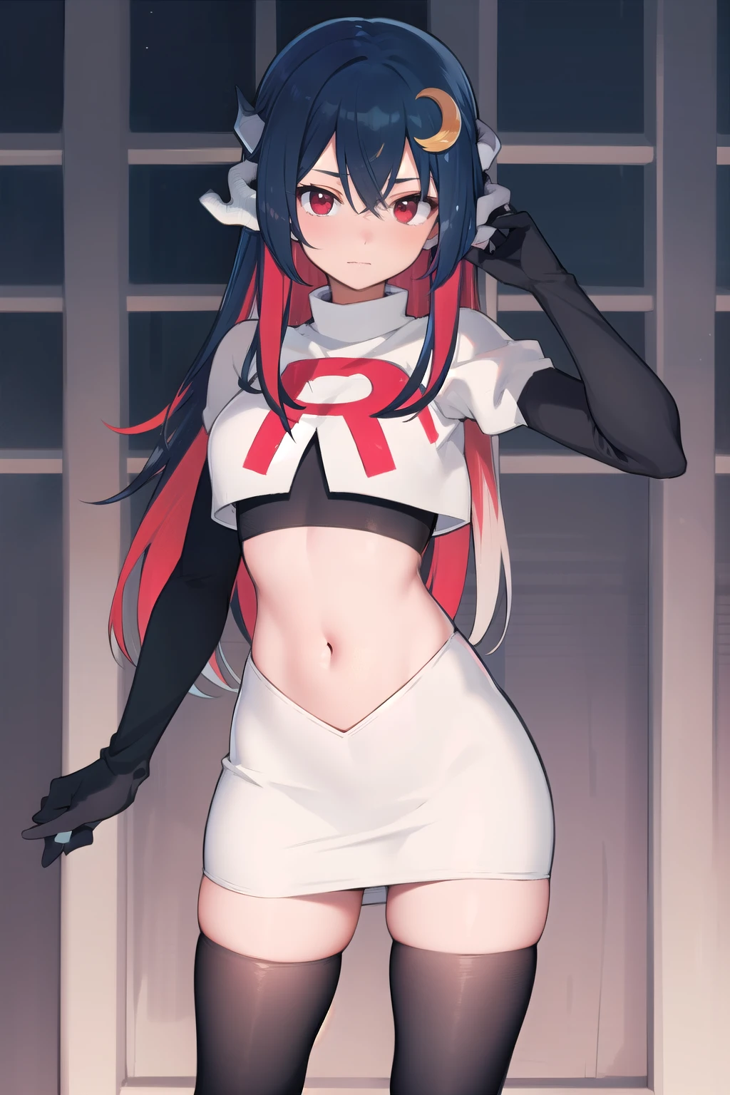 vienna (vtuber), 1girl, bangs, black hair, blue hair, crescent, crescent hair ornament, crossed bangs, dragon girl, dragon horns, gradient hair, hair between eyes, hair ornament, horns, long hair, looking at viewer, multicolored hair, red eyes, solo, standing, very long hair, team rocket,team rocket uniform,white skirt,red letter R,crop top,black thigh-highs,black elbow gloves
