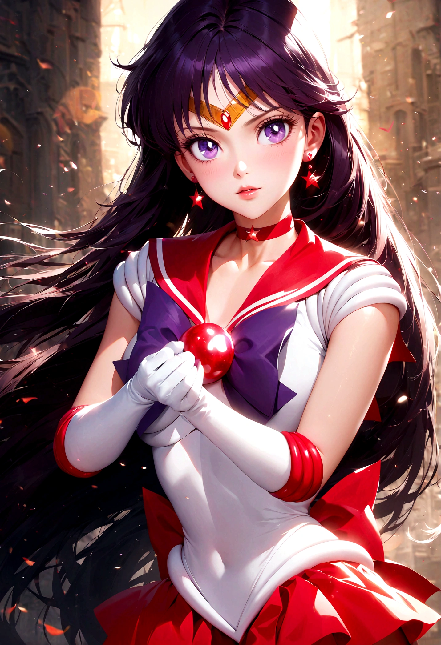 1girl, sailor mars, bishoujo senshi sailor moon, elegant detailed eyes, detailed facial features, long eyelashes, beautiful detailed lips, elegant detailed pose, highly detailed, masterpiece, 4k, hyper realistic, photorealistic, cinematic lighting, dynamic composition, intricate details, vibrant colors, soft dreamy atmosphere, magical girl fantasy, upper body shot, aamars, long hair, black hair, tiara, earrings, red choker, red sailor collar, purple bowtie, white shirt, elbow gloves, white gloves, pleated skirt, red skirt, bare legs