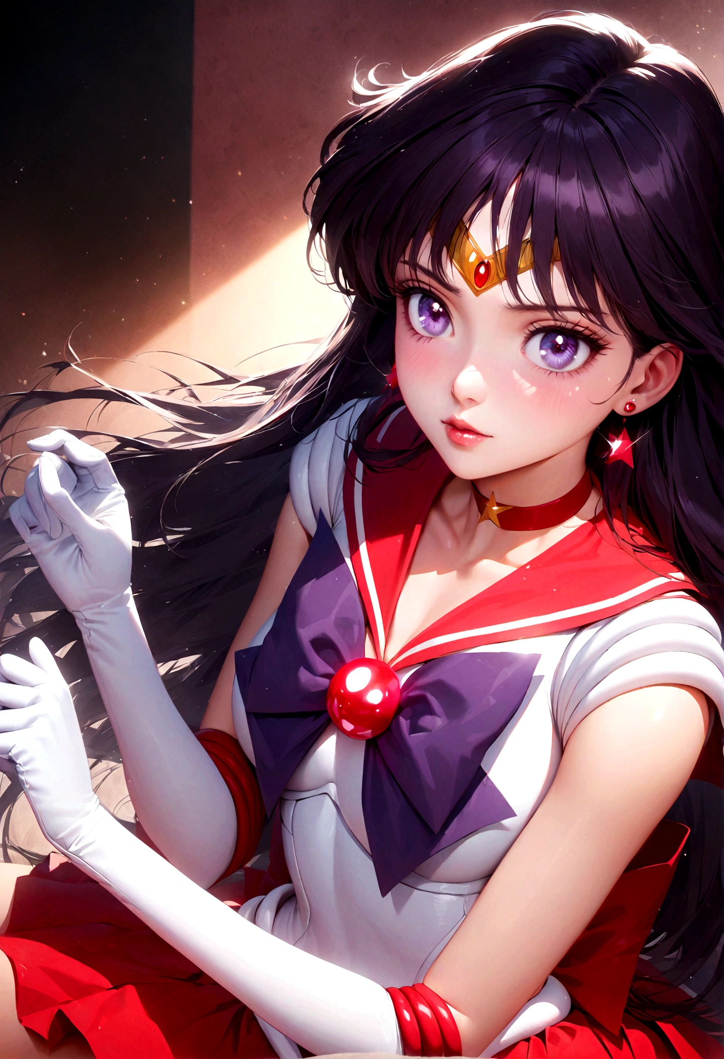 1girl, sailor mars, bishoujo senshi sailor moon, elegant detailed eyes, detailed facial features, long eyelashes, beautiful detailed lips, elegant detailed pose, highly detailed, masterpiece, 4k, hyper realistic, photorealistic, cinematic lighting, dynamic composition, intricate details, vibrant colors, soft dreamy atmosphere, magical girl fantasy, upper body shot, aamars, long hair, black hair, tiara, earrings, red choker, red sailor collar, purple bowtie, white shirt, elbow gloves, white gloves, pleated skirt, red skirt, bare legs
