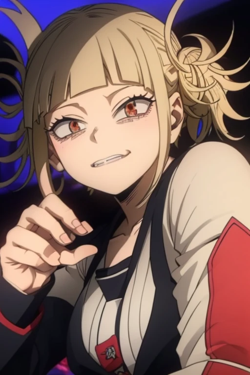 (1 girl),(himiko toga),(anime),+,(Boku no hero academia),(Yellow eyes with cat's pupils),(short blonde hair with polka dots),(wearing),+,(a black jacket with denim shorts)