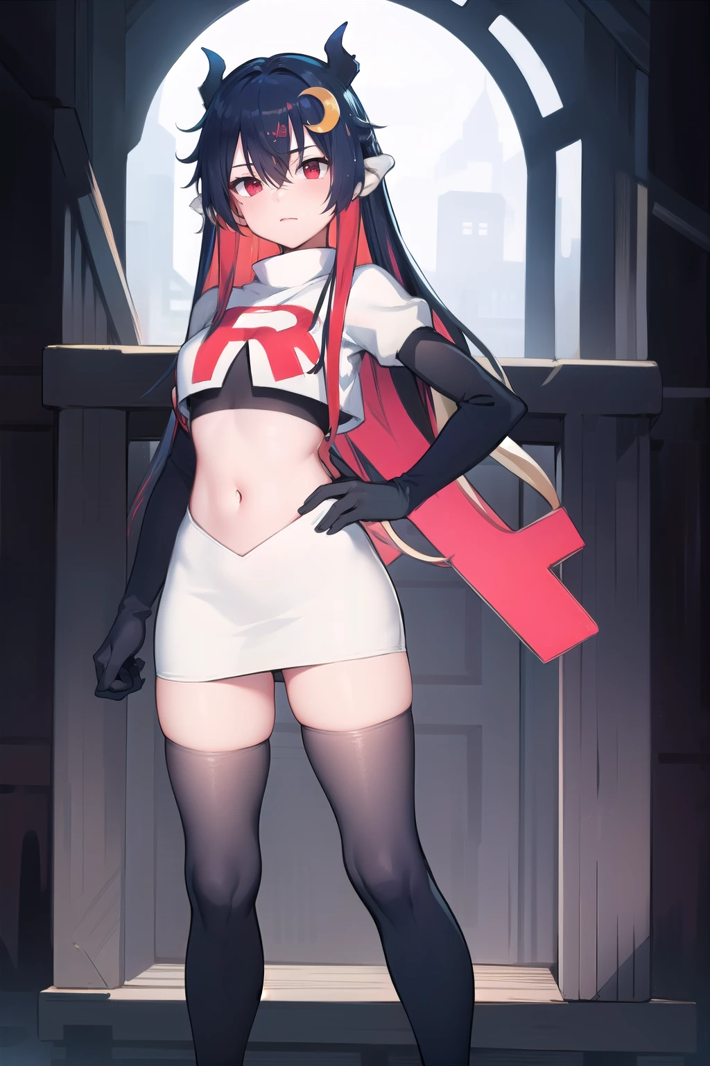 vienna (vtuber), 1girl, bangs, black hair, blue hair, crescent, crescent hair ornament, crossed bangs, dragon girl, dragon horns, gradient hair, hair between eyes, hair ornament, horns, long hair, looking at viewer, multicolored hair, red eyes, solo, standing, very long hair, team rocket,team rocket uniform,white skirt,red letter R,crop top,black thigh-highs,black elbow gloves
