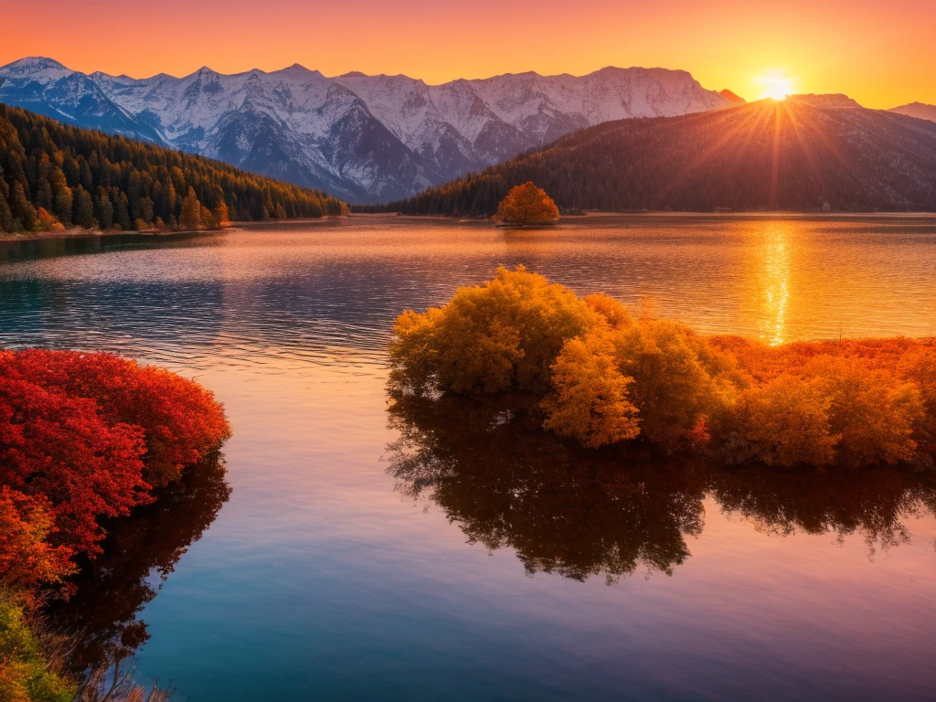 sunset,Alafud boats on the shore of a mountain lake, autumn calm, beautiful lake, Warm and beautiful scene, Magnificent natural scenery, Stunning colors, Wallpaper with nature, Colorful and whimsical landscape, Red Lake, Beautiful nature, осенний sunset, epic beautiful landscapes, Immerse yourself in nature, landscape beautiful, beautiful lake background, Stunning nature in the background, Colors are bright and rich in a hyper-realistic landscape, In photorealistic colors, 4k, cinema lighting, natural light, Attention to detail, Photorealistic, Photorealisticistic, volumetric lighting and shading, 4k HD matte digital painting, Stunning 8K images
