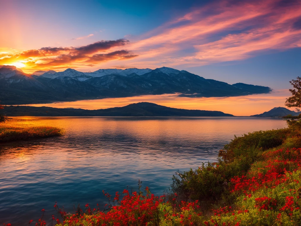 sunset,Alafud boats on the shore of a mountain lake, autumn calm, beautiful lake, Warm and beautiful scene, Magnificent natural scenery, Stunning colors, Wallpaper with nature, Colorful and whimsical landscape, Red Lake, Beautiful nature, осенний sunset, epic beautiful landscapes, Immerse yourself in nature, landscape beautiful, beautiful lake background, Stunning nature in the background, Colors are bright and rich in a hyper-realistic landscape, In photorealistic colors, 4k, cinema lighting, natural light, Attention to detail, Photorealistic, Photorealisticistic, volumetric lighting and shading, 4k HD matte digital painting, Stunning 8K images