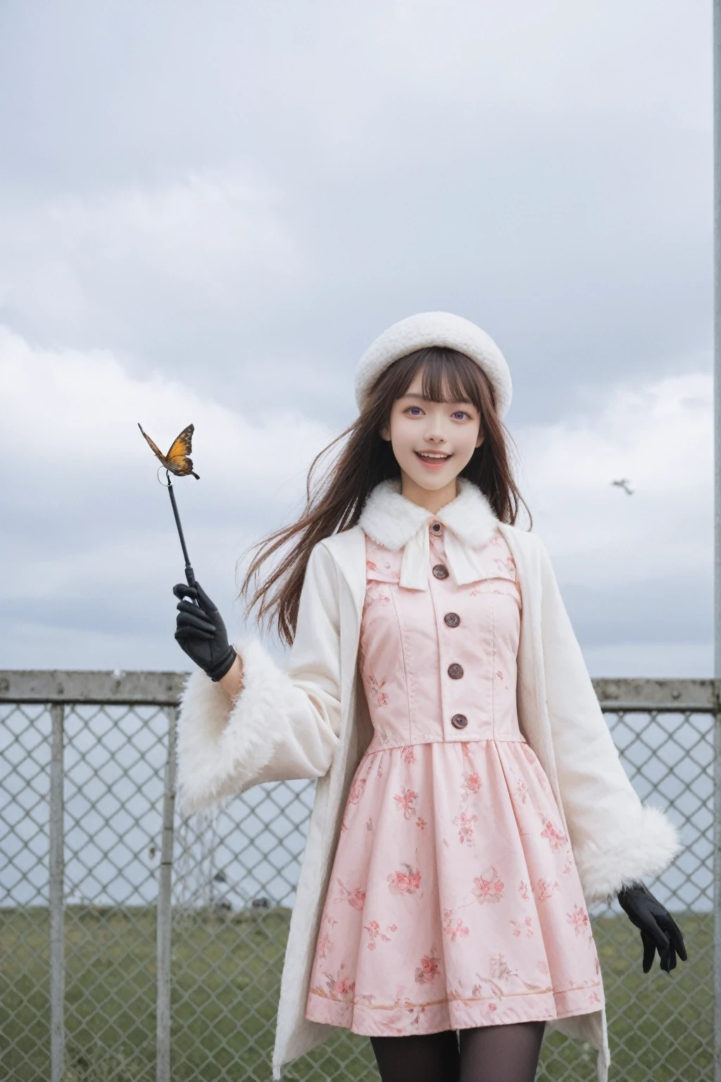 score_9, score_8_up, score_7_up, score_6_up,score_anime, realistic,real,photorealistic,cowboy shot, , 1girl, bird, black gloves, black thighhighs, brown hair, buttons, bug, butterfly, cloud, cloudy sky, day, dress, fence, floating hair, floral print, fur trim, fur-trimmed coat, gloves, hat, holding, holding wand, jacket, long hair, long sleeves, looking at viewer, open mouth, outdoors, pink dress, purple eyes, sky, smile, solo, standing, thighhighs, very long hair, water, white dress, white headwear, white jacket, wide sleeves, zettai ryouiki
