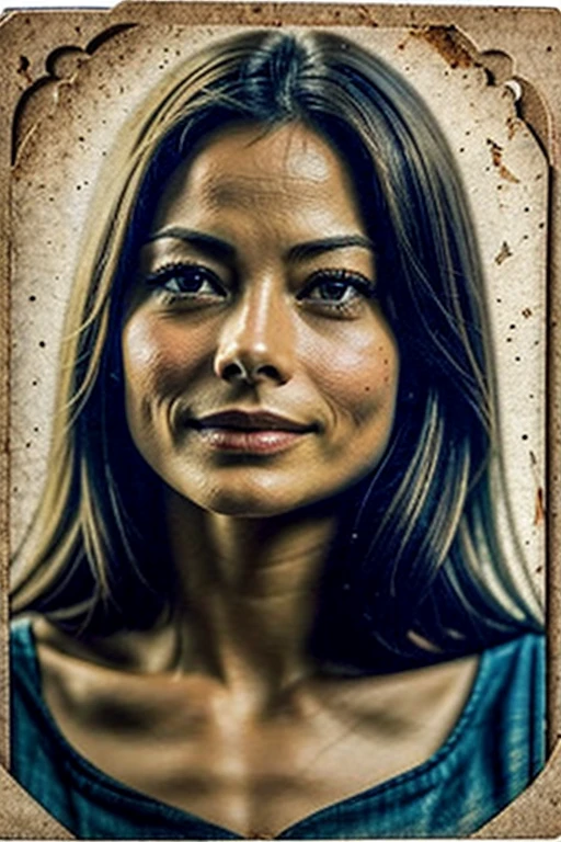 a closeup of Kristin Kreuk's face, pose with her hand on her chin on a piece of paper, realistic old photograph, realistic old photo, grainy damaged photo, on old paper, aged photo, old photo, damaged photo, very old photo, old photo, post grunge portrait, inspired by Anna Füssli, old photography, looks ebru şahin, restore.