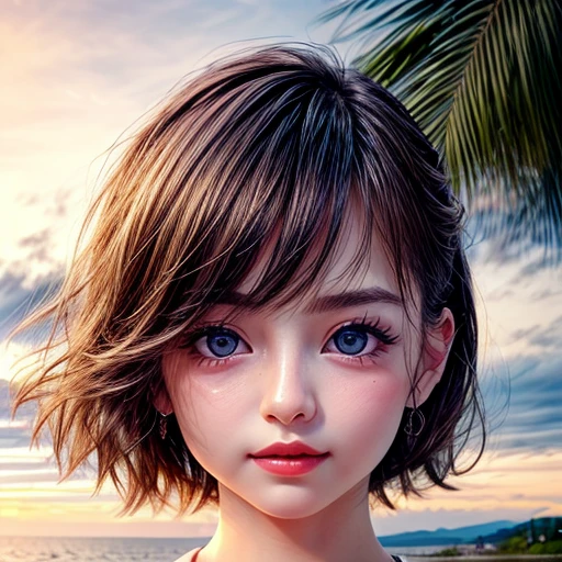 (Acutance:0.85), (Masterpiece Ultra-detailed RAW photorealistic:1.37), Tiny girl wearing tube-top dress、Tropical Beach、evening、Stroll along the beach、(Gazing at the sunset, colorful sky)、(Orange rays illuminating face, close-up:1.4), Gust of wind . (((Extremely detailed NOGIZAKA face))), perfect anatomy, Childish, captivating gaze, elaborate detailed Eyes with (sparkling highlights:1.3), long eyelashes、Glossy RED Lips with beautiful details, Coquettish tongue, Rosy cheeks, (Radiant natural skin) with clear transparency . { (Dynamic joyful expressions) | (:d) }, colorful hair, (no Large eyes).