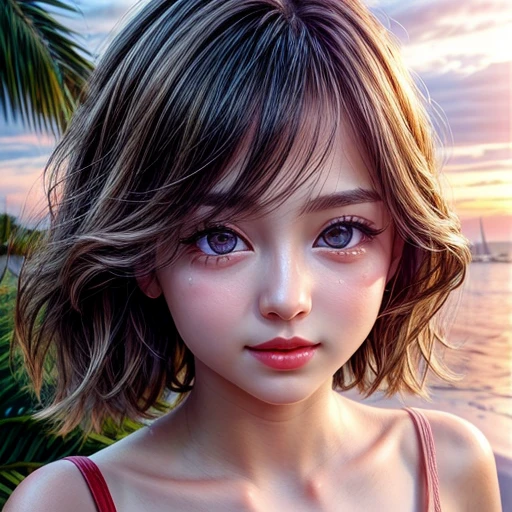 (Acutance:0.85), (Masterpiece Ultra-detailed RAW photorealistic:1.37), Tiny girl wearing tube-top dress、Tropical Beach、evening、Stroll along the beach、(Gazing at the sunset, colorful sky)、(Orange rays illuminating face, close-up:1.4), Gust of wind . (((Extremely detailed NOGIZAKA face))), perfect anatomy, Childish, captivating gaze, elaborate detailed Eyes with (sparkling highlights:1.3), long eyelashes、Glossy RED Lips with beautiful details, Coquettish tongue, Rosy cheeks, (Radiant natural skin) with clear transparency . { (Dynamic joyful expressions) | (:d) }, colorful hair, (no Large eyes).