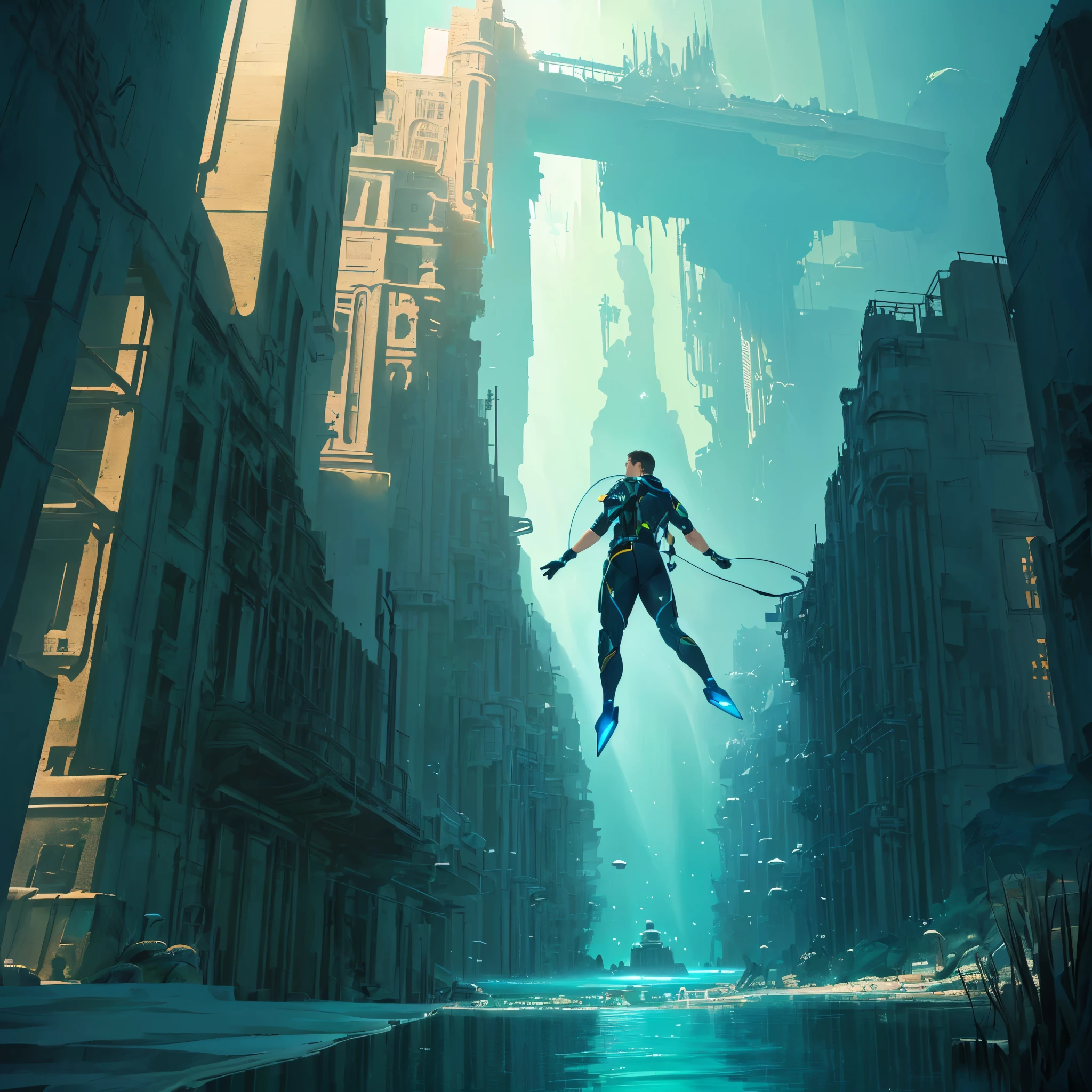A man is swimming underwater in a scuba suit, an underwater city, an an underwater city, 未来的なan underwater city, the lost City of Atlantis, lost City of Atlantis, amazing Concept Art, amazing! Concept Art, beautiful Concept Art, City of Atlantis, the City of Atlantis, Humans are hiding in the water, Underwater Scene, Concept Art amazing atmosphere
