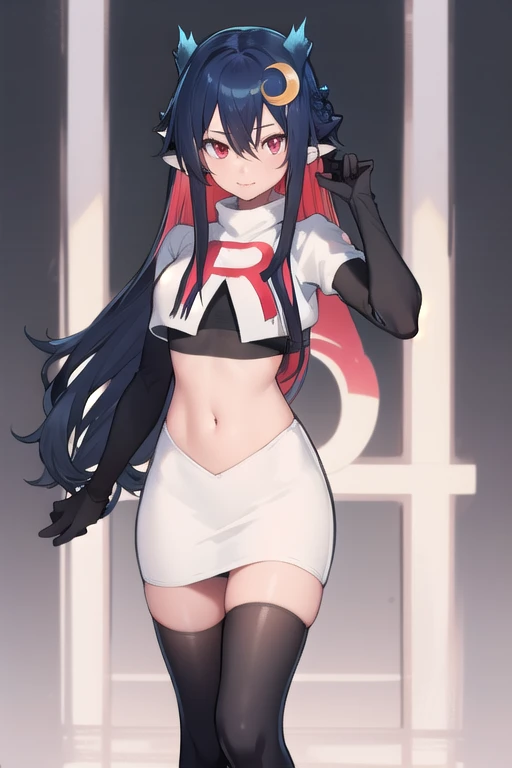 vienna (vtuber), 1girl, bangs, black hair, blue hair, crescent, crescent hair ornament, crossed bangs, dragon girl, dragon horns, gradient hair, hair between eyes, hair ornament, horns, long hair, looking at viewer, multicolored hair, red eyes, solo, standing, very long hair, team rocket,team rocket uniform,white skirt,red letter R,crop top,black thigh-highs,black elbow gloves
