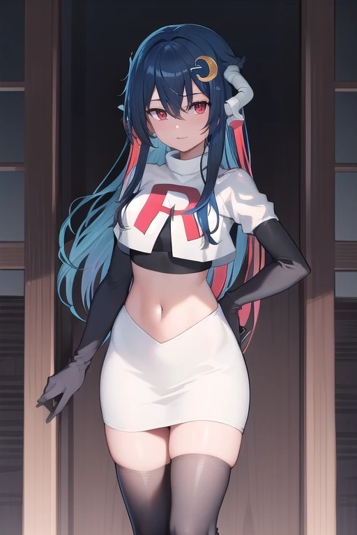 vienna (vtuber), 1girl, bangs, black hair, blue hair, crescent, crescent hair ornament, crossed bangs, dragon girl, dragon horns, gradient hair, hair between eyes, hair ornament, horns, long hair, looking at viewer, multicolored hair, red eyes, solo, standing, very long hair, team rocket,team rocket uniform,white skirt,red letter R,crop top,black thigh-highs,black elbow gloves
