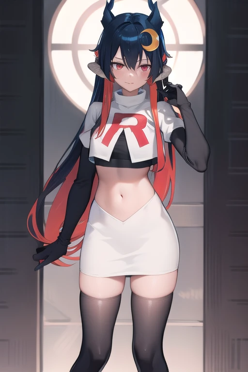 vienna (vtuber), 1girl, bangs, black hair, blue hair, crescent, crescent hair ornament, crossed bangs, dragon girl, dragon horns, gradient hair, hair between eyes, hair ornament, horns, long hair, looking at viewer, multicolored hair, red eyes, solo, standing, very long hair, team rocket,team rocket uniform,white skirt,red letter R,crop top,black thigh-highs,black elbow gloves
