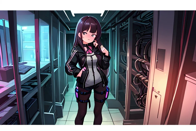 High resolution,high quality,Perfect body,Perfect Face,Perfect Fingers,1girl,Server Room,Bondage,Serious expression,Bust Shot,Standing pose,looking at the camera