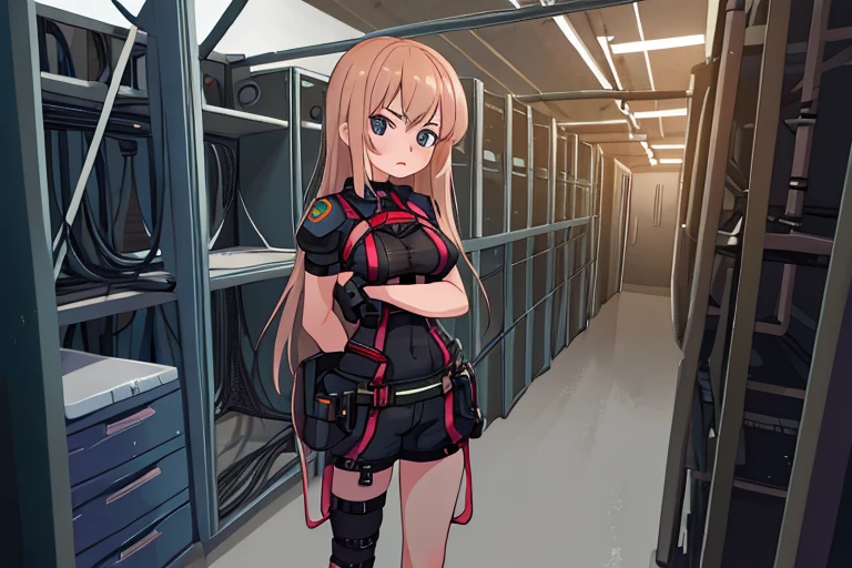 High resolution,high quality,Perfect body,Perfect Face,Perfect Fingers,1girl,Server Room,,Serious expression,Bust Shot,Standing pose,looking at the camera