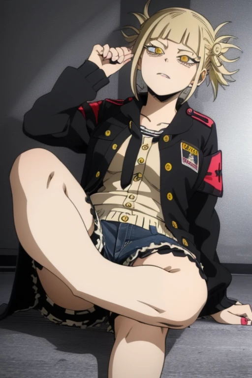 (1 girl),(himiko toga),(anime),+,(Boku no hero academia),(Yellow eyes with cat's pupils),(short blonde hair with polka dots),(wearing),+,(a black jacket with denim shorts)