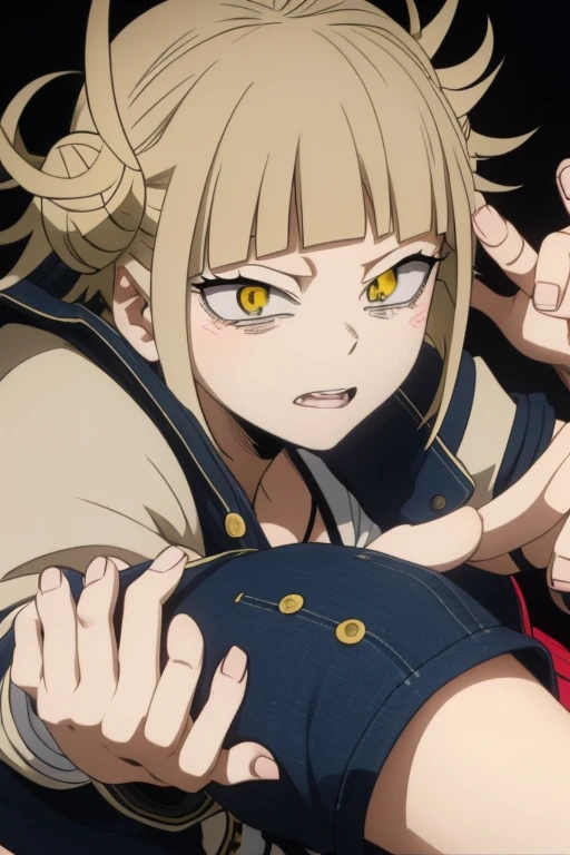 (1 girl),(himiko toga),(anime),+,(Boku no hero academia),(Yellow eyes with cat's pupils),(short blonde hair with polka dots),(wearing),+,(a black jacket with denim shorts)