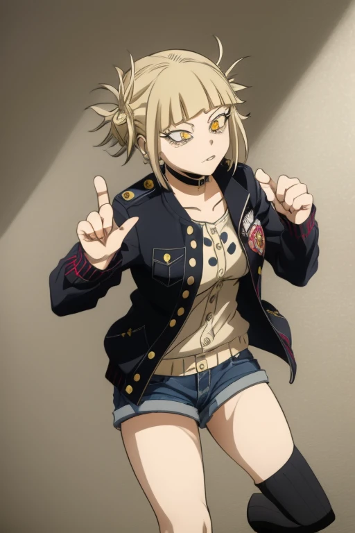 (1 girl),(himiko toga),(anime),+,(Boku no hero academia),(Yellow eyes with cat's pupils),(short blonde hair with polka dots),(wearing),+,(a black jacket with denim shorts)