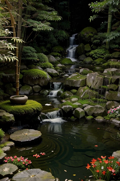 Beautiful Japanese garden with red and white flowers, waterfall and moss, with bamboo in the evenings mag