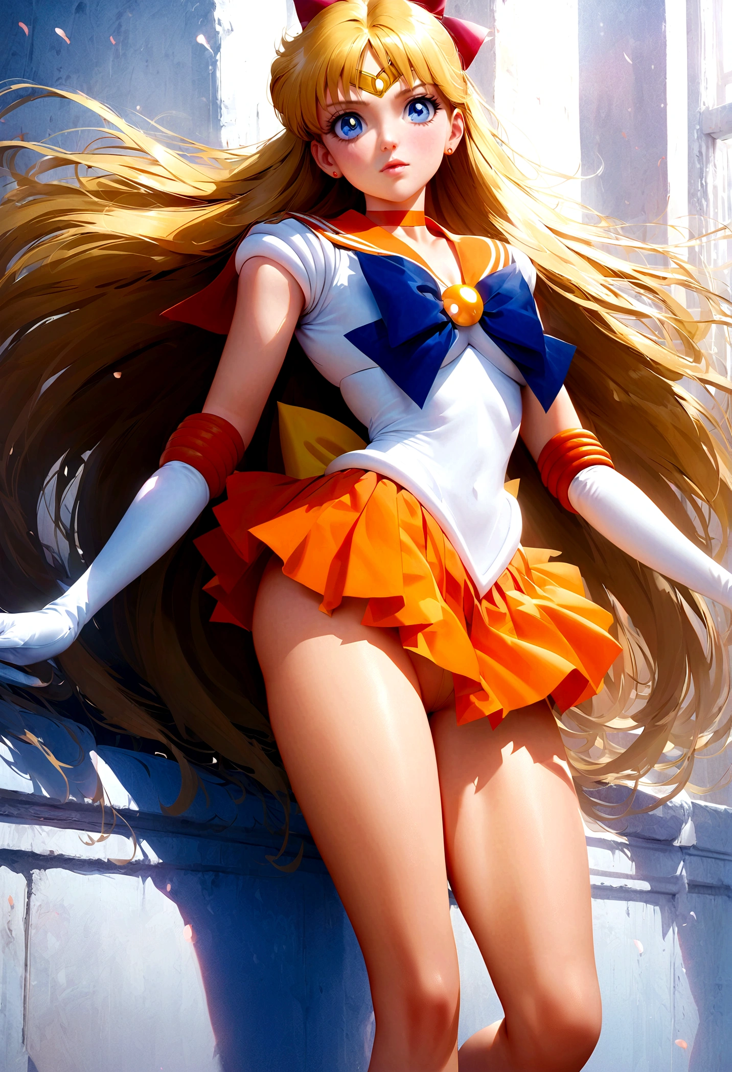 1girl, sailor venus, bishoujo senshi sailor moon, elegant detailed eyes, detailed facial features, long eyelashes, beautiful detailed lips, elegant detailed pose, highly detailed, masterpiece, 4k, hyper realistic, photorealistic, cinematic lighting, dynamic composition, intricate details, vibrant colors, soft dreamy atmosphere, magical girl fantasy, full body shot, aavenus, long hair, blonde hair, hair bow, tiara, earrings, blue eyes, orange choker, orange sailor collar, blue bow, white shirt, elbow gloves, white gloves, pleated skirt, orange skirt, bare legs