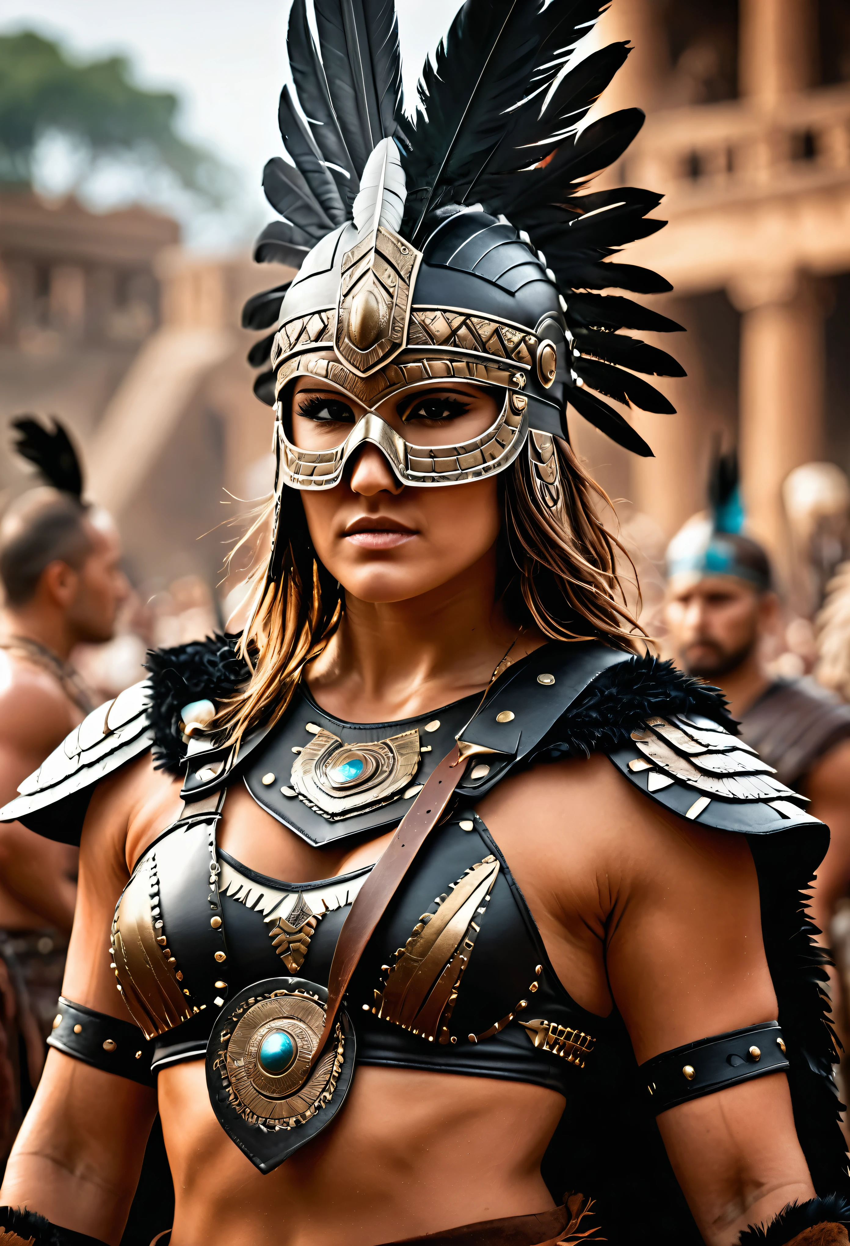 close up, photorealistic, (masterpiece:1.3), (best quality:1.3), beautiful, (intricate details), unity 8k wallpaper, ultra detailed, beautiful, aesthetic, perfect lighting, crowd around WestGark, very strong woman, (muscular:1.2), wearing leather plastron armor, wearing animal mask with feathers, wearing toga, hunting, (aztec temple background:1.0), (perfect hands:1.2),,