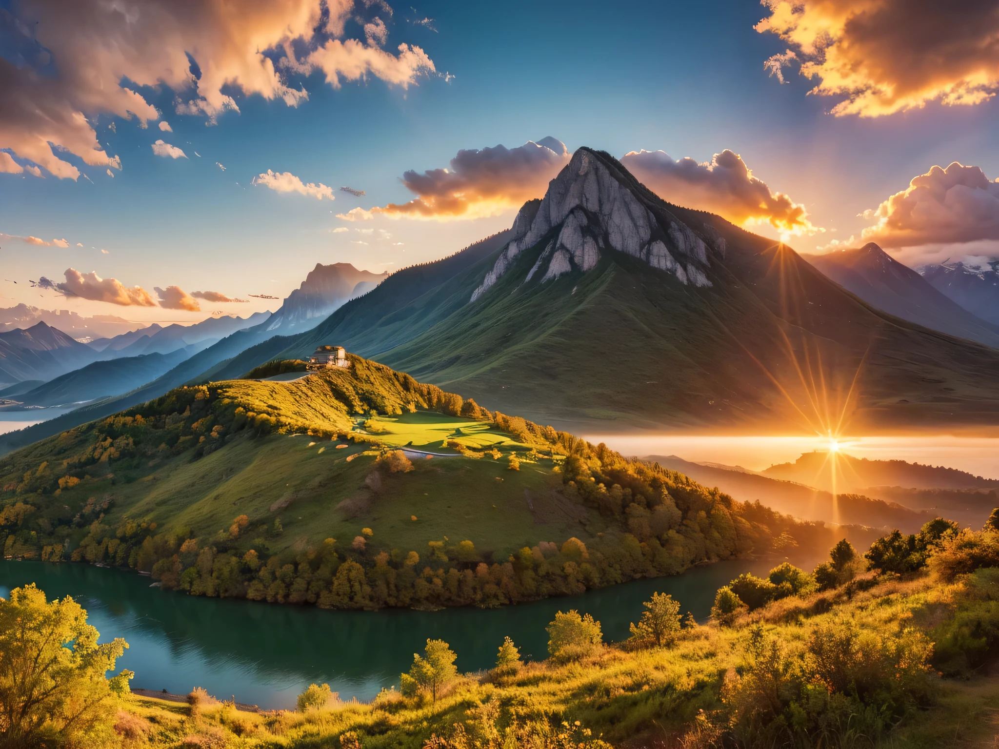 ((best quality)), ((masterpiece)), (detailed), nature landscape, wallpaper, stunning, sunset, golden time