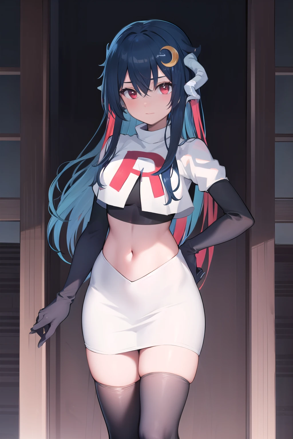 vienna (vtuber), 1girl, bangs, black hair, blue hair, crescent, crescent hair ornament, crossed bangs, dragon girl, dragon horns, gradient hair, hair between eyes, hair ornament, horns, long hair, looking at viewer, multicolored hair, red eyes, solo, standing, very long hair, team rocket,team rocket uniform,white skirt,red letter R,crop top,black thigh-highs,black elbow gloves
