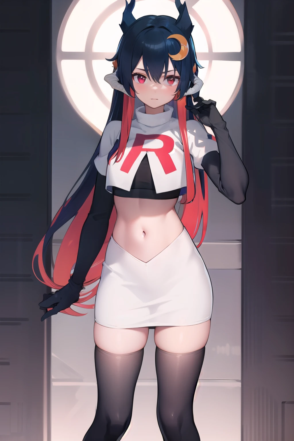 vienna (vtuber), 1girl, bangs, black hair, blue hair, crescent, crescent hair ornament, crossed bangs, dragon girl, dragon horns, gradient hair, hair between eyes, hair ornament, horns, long hair, looking at viewer, multicolored hair, red eyes, solo, standing, very long hair, team rocket,team rocket uniform,white skirt,red letter R,crop top,black thigh-highs,black elbow gloves
