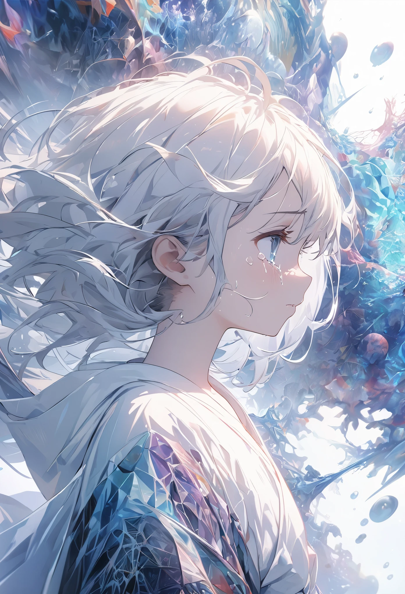 ((Masterpiece)), (Anime:1.3), ((best quality)), (super detail:1.2), (High Definition:1.3), (Professional Photography:1.2), (sharp focus), (perfect light), (abstract art:1.5), (pale color), wide shot, (fractal structure:1.5), (simple white background), landscape, (Beautiful), (Biological atmosphere), deep sea, 1girl, (cute girl), looking up, (hollow eyes), tear, ((profile)), beautiful white hair, (Crying), ((eyes trickle down)), glitter,