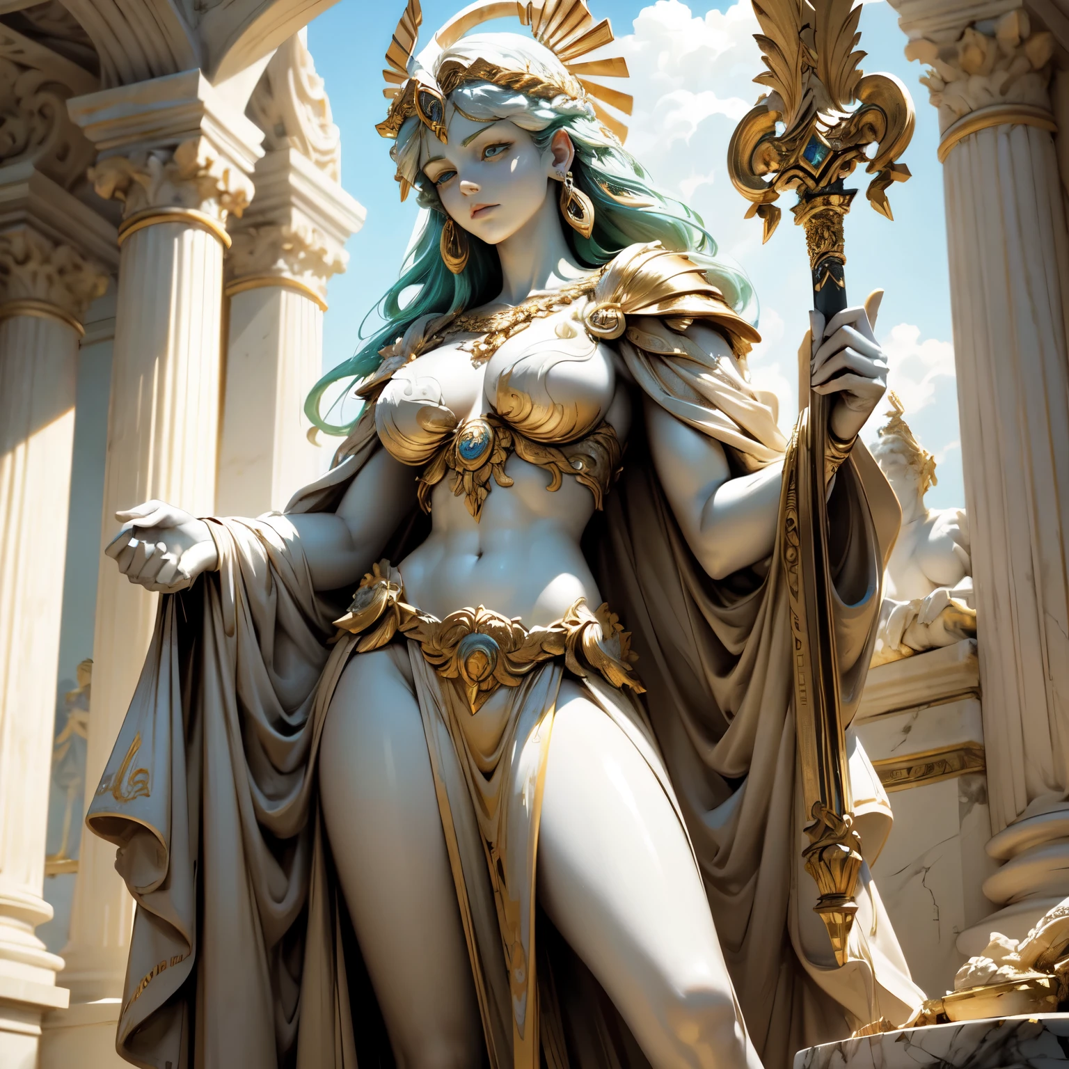 Create an 8K ultra HD digital image of a majestic Hera marble sculpture. The sculpture shows Hera with a dignified and imposing expression., de cabelos esculpidos em um penteado elaborado. She wears a majestic marble cloak and wields the Sword of Zeus. Zeus' sword is made of celestial gold and emits golden rays, with divine inscriptions along the blade that shine brightly. The hilt of the sword is adorned with small rays and lightning., simbolizando seu poder supremo. Electric sparks dance around the sculpture, highlighting his dominance over the heavens. The knight's dormitory is luxurious, com uma cama grande de dossel adornada com cortinas de veludo azul e ouro. Rich rugs cover the floor, e uma lareira aquece o ambiente. Elegant furniture and large windows with stunning views complete the scene. The image should capture the tranquility and comfort of the bedroom, destacando a escultura de Hera e a Espada de Zeus.