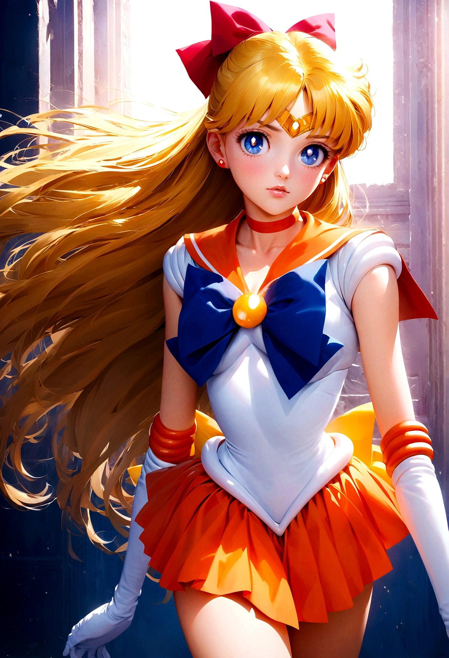 1girl, sailor venus, bishoujo senshi sailor moon, elegant detailed eyes, detailed facial features, long eyelashes, beautiful detailed lips, elegant detailed pose, highly detailed, masterpiece, 4k, hyper realistic, photorealistic, cinematic lighting, dynamic composition, intricate details, vibrant colors, soft dreamy atmosphere, magical girl fantasy, upper body shot, aavenus, long hair, blonde hair, hair bow, tiara, earrings, blue eyes, orange choker, orange sailor collar, blue bow, white shirt, elbow gloves, white gloves, pleated skirt, orange skirt, bare legs