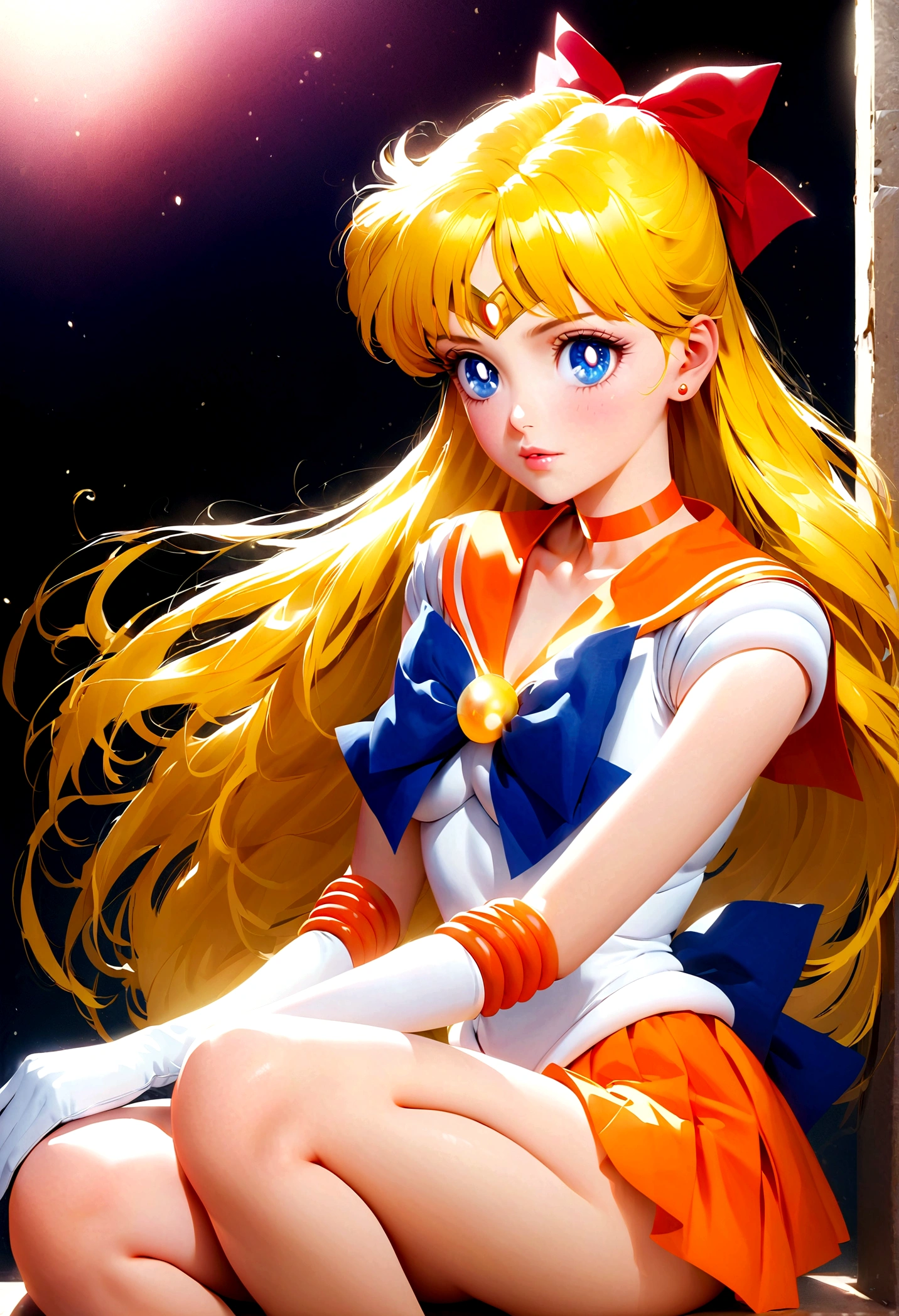 1girl, sailor venus, bishoujo senshi sailor moon, elegant detailed eyes, detailed features, long eyelashes, beautiful detailed lips, elegant detailed pose, highly detailed, masterpiece, 4k, hyper realistic, photorealistic, cinematic lighting, dynamic composition, intricate details, vibrant colors, soft dreamy atmosphere, magical girl fantasy, upper body shot, aavenus, long hair, blonde hair, hair bow, tiara, earrings, blue eyes, orange choker, orange sailor collar, blue bow, white shirt, elbow gloves, white gloves, pleated skirt, orange skirt, bare legs