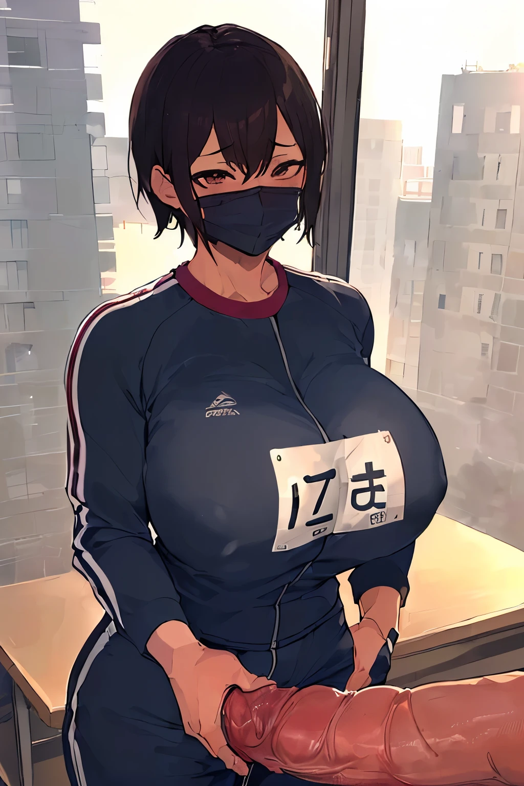 One boy, Face Focus, Adult, sexy, highest quality, Detailed face, office, Building seen from the window, Detailed Background, Diffused sunlight, Written boundary depth, Bokeh、(hentai、Muchimuchi、Baseball club、Very dark skin、Gym suit、Expand the nostrils、Monkey-like face、、Very short hair、Browsing Caution、Masturbation、High school boys、Cock-obsessed、Super huge penis:1.3)