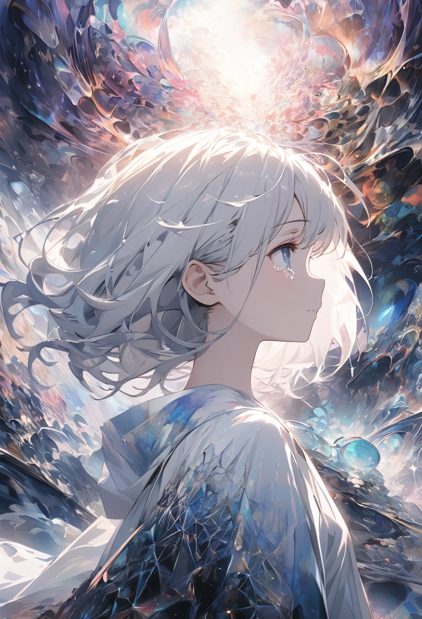 ((Masterpiece)), (Anime:1.3), ((best quality)), (super detail:1.2), (High Definition:1.3), (Professional Photography:1.2), (sharp focus), (perfect light), (abstract art:1.5), (pale color), wide shot, (fractal structure:1.5), (simple white background), landscape, (Beautiful), (Biological atmosphere), deep sea, 1girl, (cute girl), looking up, (hollow eyes), tear, ((profile)), beautiful white hair, (Crying), ((eyes trickle down)), glitter,