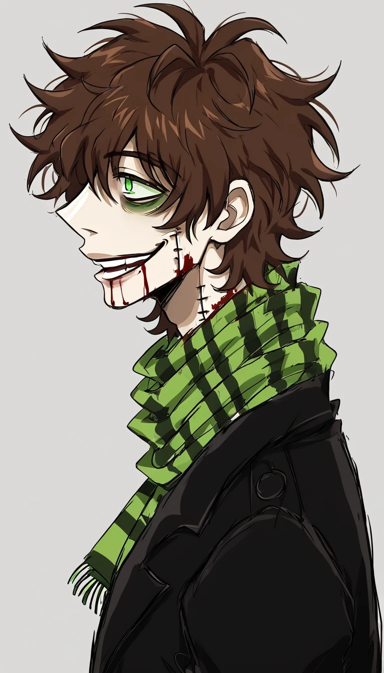 1man,mature male,  stitches, scarf, brown hair, green eyes, coat, halfbody, bloody background, grunge, sketchy lines, messy hair, side profile, crazy