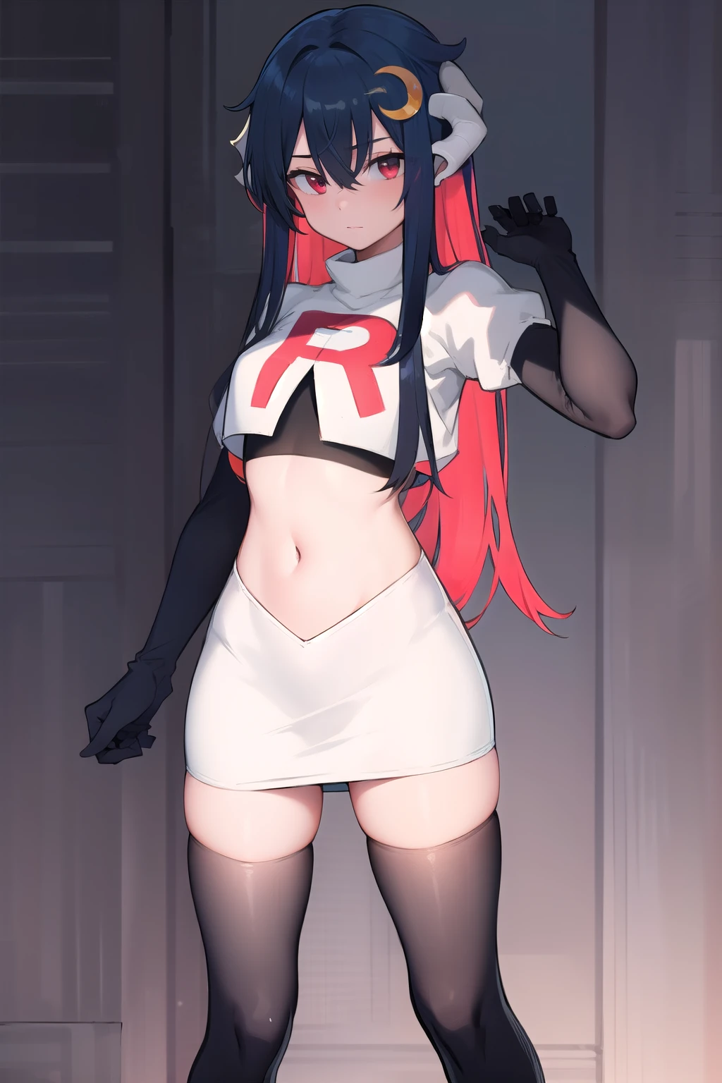 vienna (vtuber), 1girl, bangs, black hair, blue hair, crescent, crescent hair ornament, crossed bangs, dragon girl, dragon horns, gradient hair, hair between eyes, hair ornament, horns, long hair, looking at viewer, multicolored hair, red eyes, solo, standing, very long hair, team rocket,team rocket uniform,white skirt,red letter R,crop top,black thigh-highs,black elbow gloves
