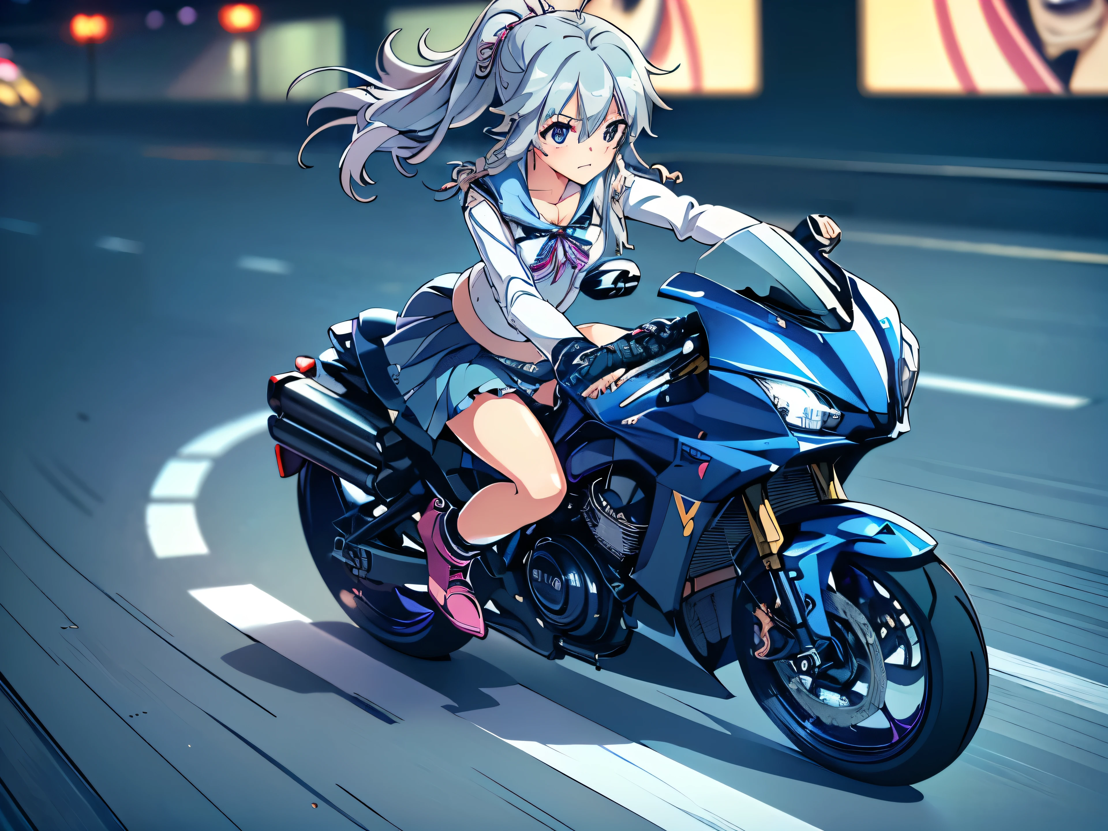 ((masterpiece, best quality, highres, UHD, perfect pixel, depth of field, 4k, RTX, HDR))), A (speeding) motorcycle the city at high speed,(slow motion:1.3),(Motion blur:1.3),(speed lines:1.4),sense of speed,Sparks and smoke coming out of tires,1girl, single, solo, beautiful anime girl, beautiful artstyle, anime character, ((,aasora, braid, long hair, side ponytail, hair ribbon, , sailor collar, pink bow, white shirt, long sleeves, belt, white skirt,black shoes)),amazing quality,best quality,Beautiful backgrounds, ((detailed eyes, beautiful eyes, perfect eyes,curly eyelashes, realistic eyes)), ((detailed face, blushing:1.2)), ((anime CG style)), medium breasts, ,blurred background,Eyes Wide Open,A (speeding) motorcycle the city at high speed,(slow motion:1.3),(Motion blur:1.3),(speed lines:1.4),sense of speed,Sparks and smoke coming out of tires,motorcycle,vehicle,,(((skirt lift))),(((blue panties))),(((skirt wind lift))),(((blue panties))),(((The wind makes my pants a little visible))),(((skirt lift))),(((blue panties))),(((skirt wind lift))),(((blue panties))),(((The wind makes my pants a little visible)))