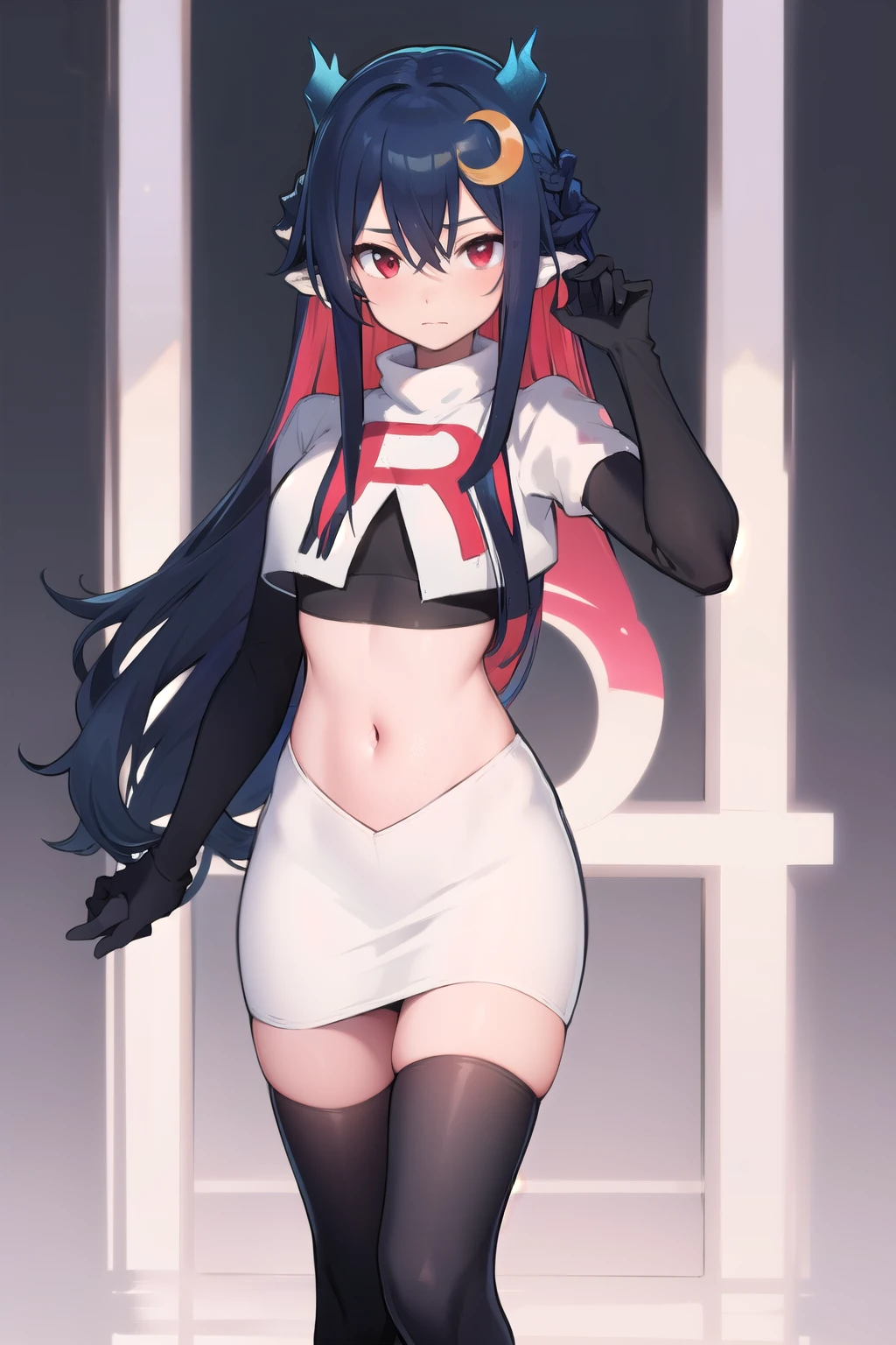 vienna (vtuber), 1girl, bangs, black hair, blue hair, crescent, crescent hair ornament, crossed bangs, dragon girl, dragon horns, gradient hair, hair between eyes, hair ornament, horns, long hair, looking at viewer, multicolored hair, red eyes, solo, standing, very long hair, team rocket,team rocket uniform,white skirt,red letter R,crop top,black thigh-highs,black elbow gloves
